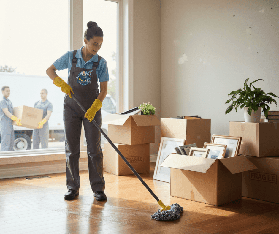 Cleaning lady mopping a house after home removal