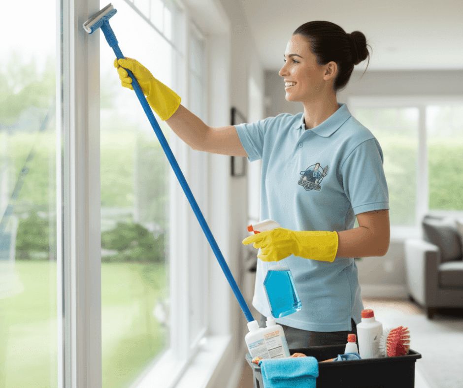 Cleaning lady cleaning windows