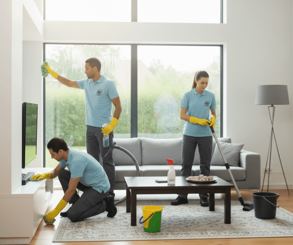 Group of cleaners cleaning a living room