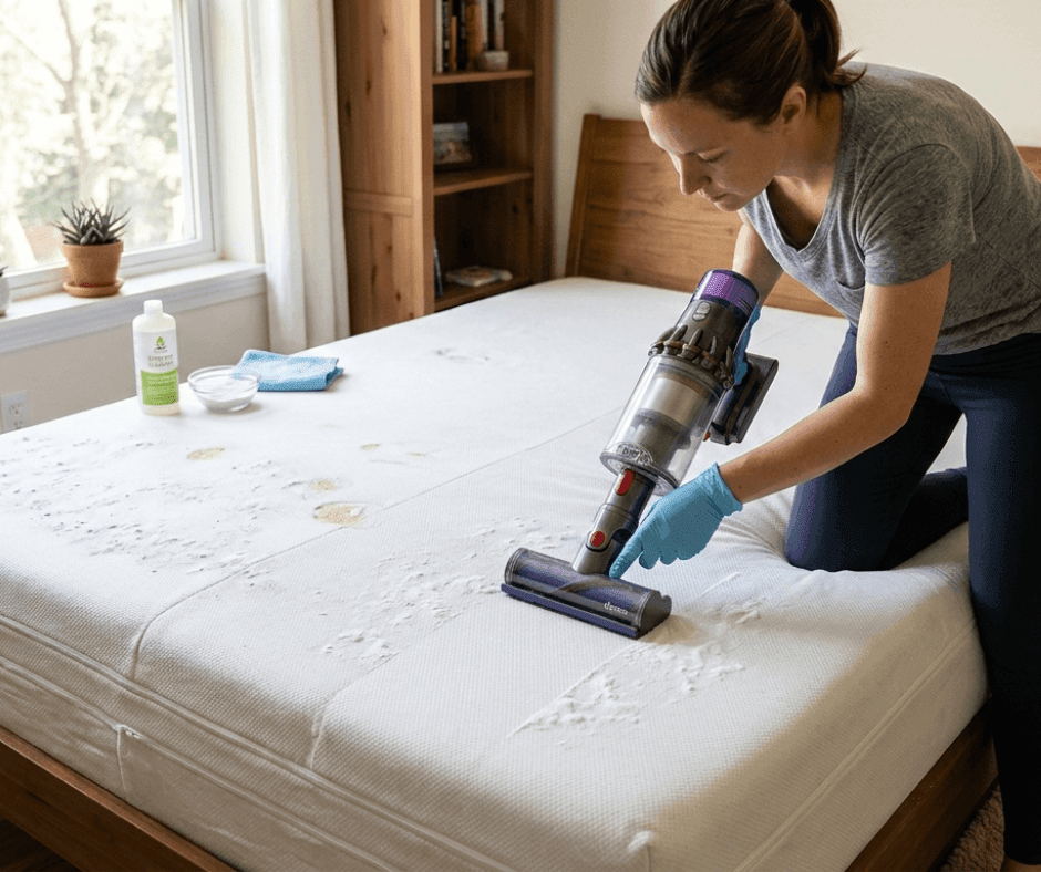 γυναίκα που κάνει καθαρισμό στρωμάτων στο σπίτι