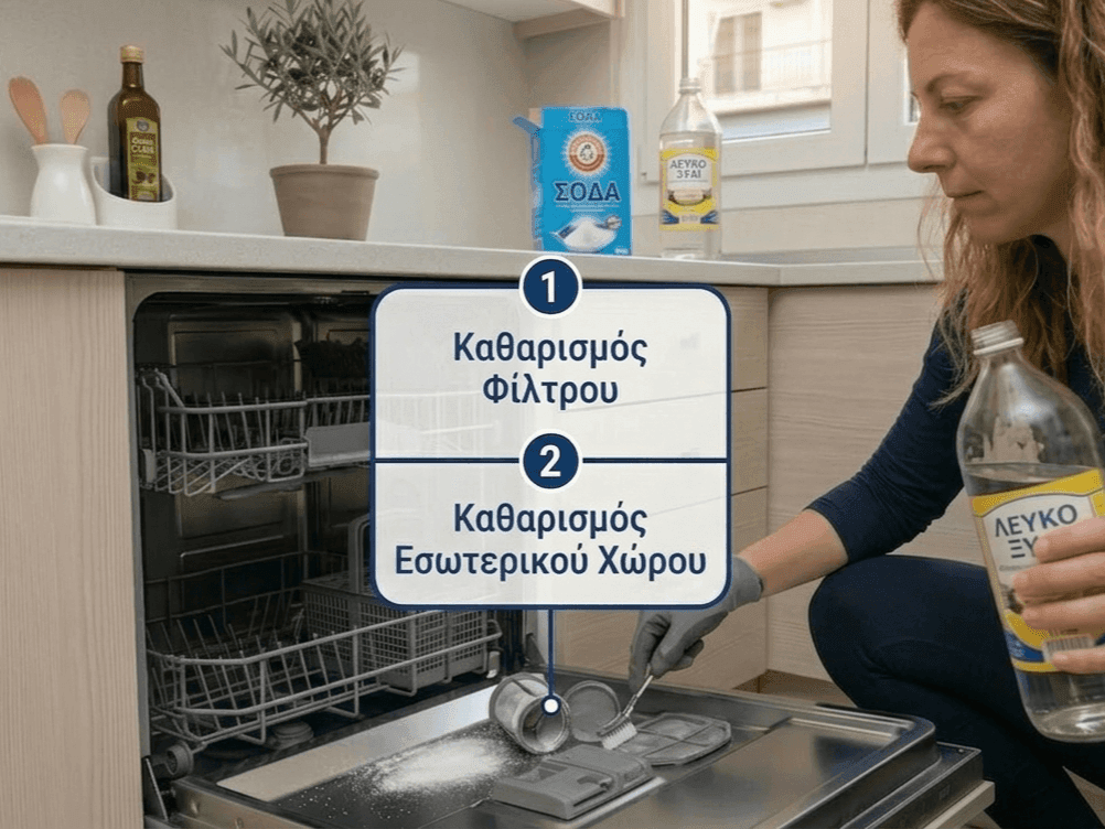 καθαρισμός πλυντηρίου πιάτων με σόδα και ξύδι